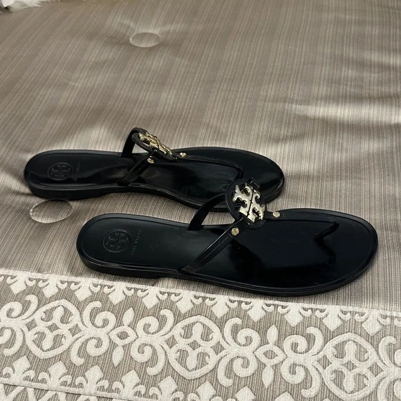 Tory Burch Black Sandals with Gold Emblem - Picture 2 of 5